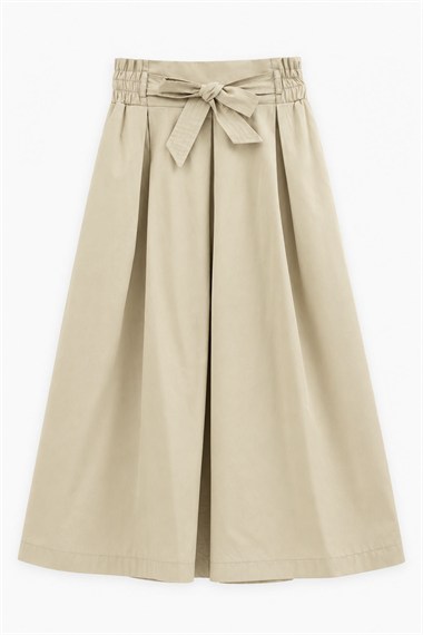 Madrid Beli Geniş Lastik Kumaşlı Pileli Gabardin Etek BEJ