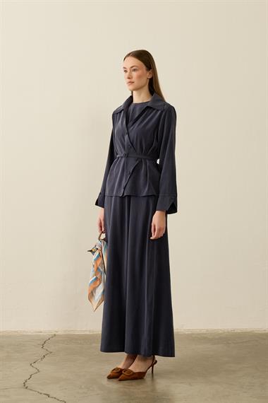 Mara Kruvaze Kaplama Düğmeli İçlik Elbiseli Takım LACİVERT