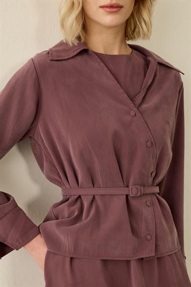 Mara Kruvaze Kaplama Düğmeli İçlik Elbiseli Takım MÜRDÜM