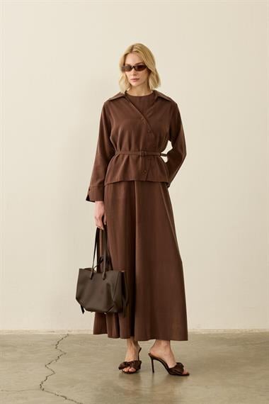 Mara Kruvaze Kaplama Düğmeli İçlik Elbiseli Takım KAHVERENGİ