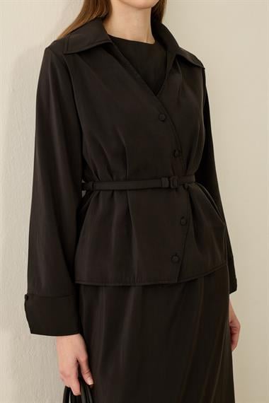 Mara Kruvaze Kaplama Düğmeli İçlik Elbiseli Takım SİYAH