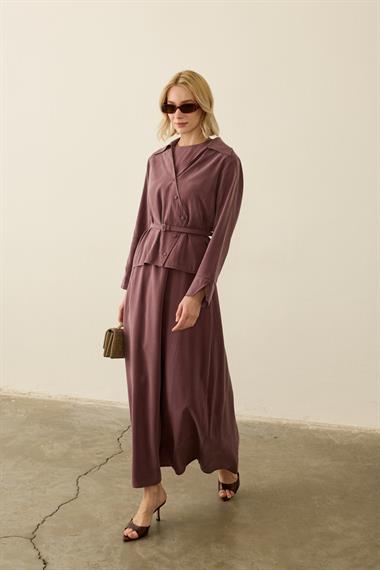 Mara Kruvaze Kaplama Düğmeli İçlik Elbiseli Takım MÜRDÜM