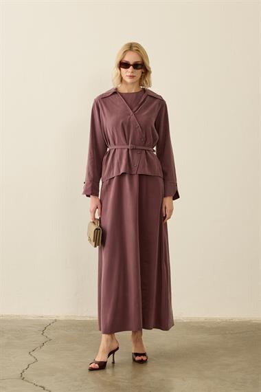 Mara Kruvaze Kaplama Düğmeli İçlik Elbiseli Takım MÜRDÜM