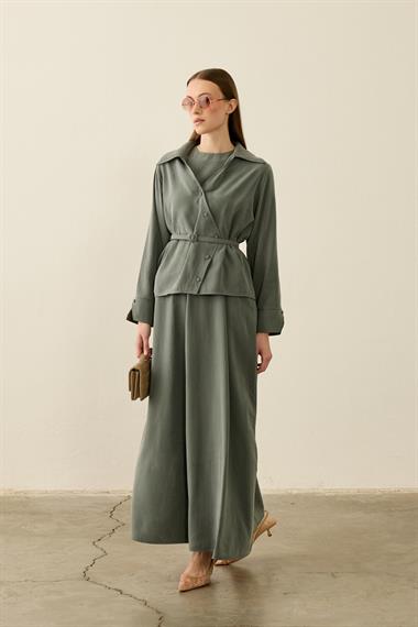 Mara Kruvaze Kaplama Düğmeli İçlik Elbiseli Takım ZÜMRÜT