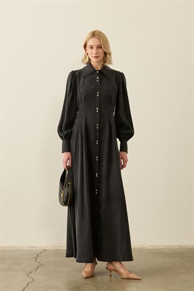 Mari Belden Oturtmalı Lyocell Elbise SİYAH