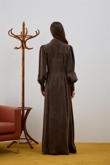 Mari Düğmeli Belden Oturtmalı Elbise KAHVERENGİ