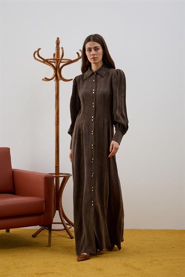 Mari Düğmeli Belden Oturtmalı Elbise KAHVERENGİ