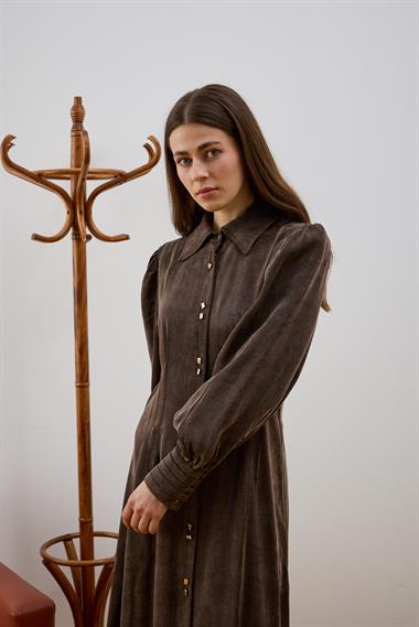 Mari Düğmeli Belden Oturtmalı Elbise KAHVERENGİ