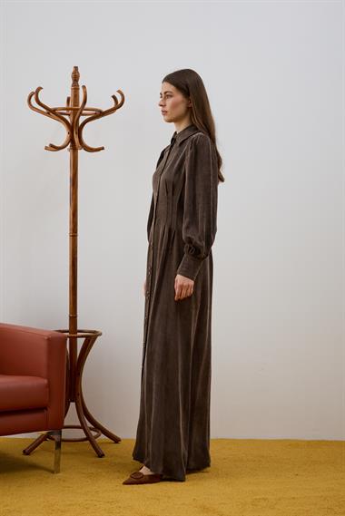 Mari Düğmeli Belden Oturtmalı Elbise KAHVERENGİ