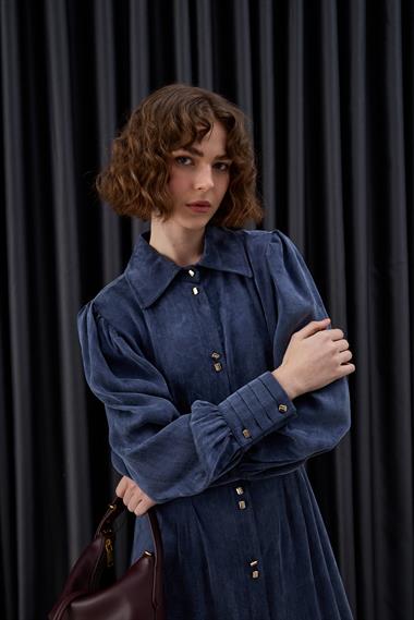 Mari Düğmeli Belden Oturtmalı Elbise LACİVERT