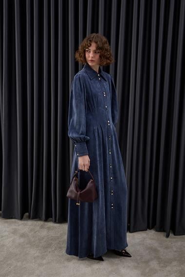 Mari Düğmeli Belden Oturtmalı Elbise LACİVERT