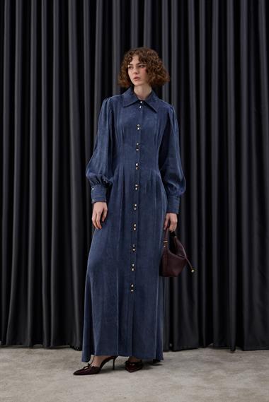 Mari Düğmeli Belden Oturtmalı Elbise LACİVERT