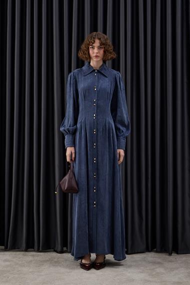 Mari Düğmeli Belden Oturtmalı Elbise LACİVERT