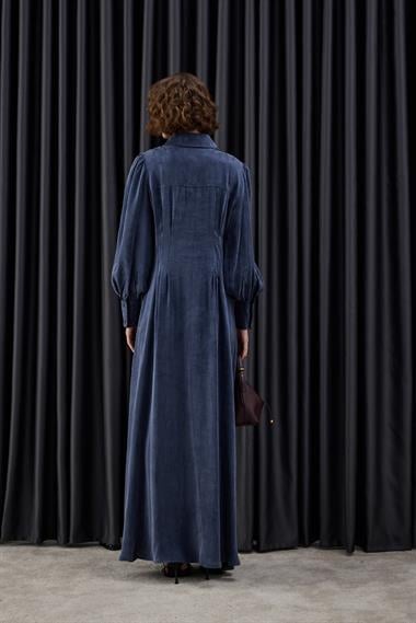 Mari Düğmeli Belden Oturtmalı Elbise LACİVERT