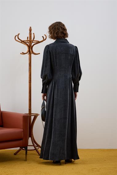 Mari Düğmeli Belden Oturtmalı Elbise SİYAH