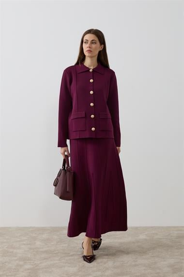 Marin Gold Düğmeli Triko Etekli Takım MÜRDÜM