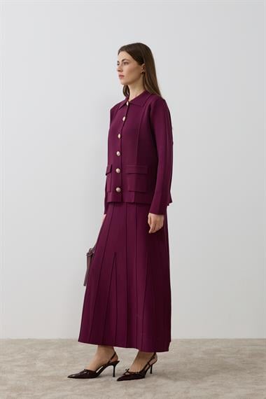 Marin Gold Düğmeli Triko Etekli Takım MÜRDÜM