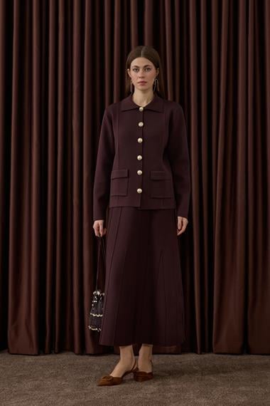 Marin Gold Düğmeli Triko Etekli Takım KAHVERENGİ