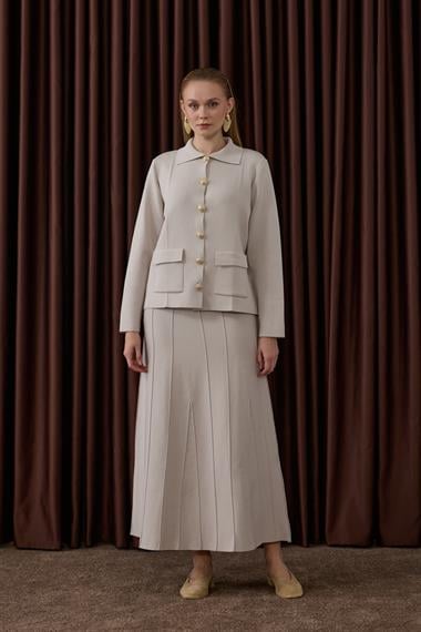 Marin Gold Düğmeli Triko Etekli Takım TAŞ