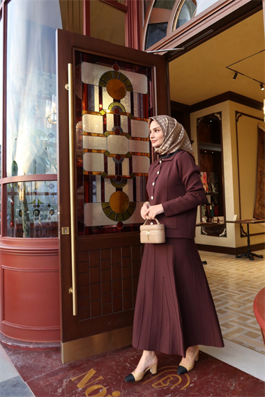 Marin Gold Düğmeli Triko Etekli Takım KAHVERENGİ