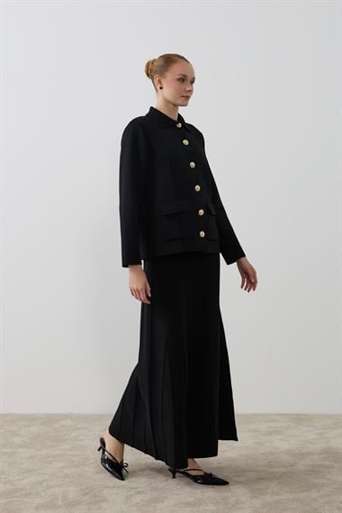 Marin Gold Düğmeli Triko Etekli Takım SİYAH