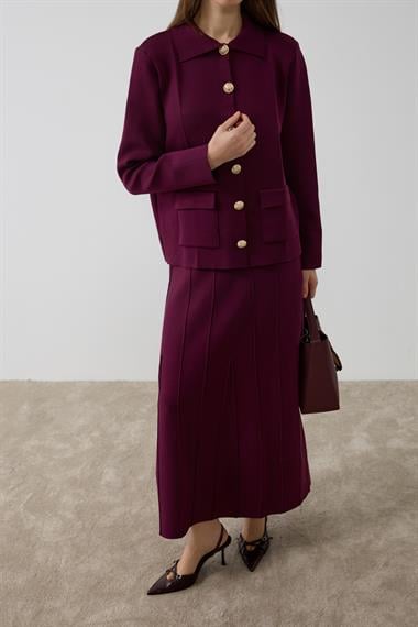 Marin Gold Düğmeli Triko Etekli Takım MÜRDÜM