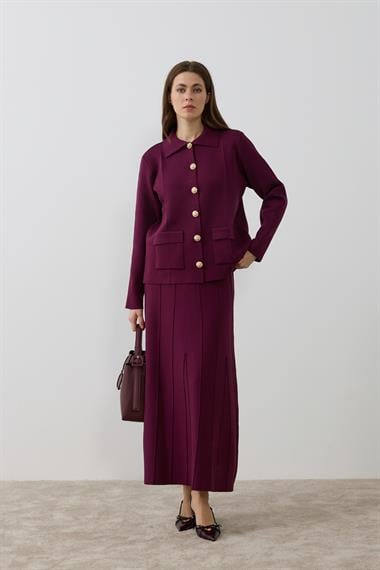 Marin Gold Düğmeli Triko Etekli Takım MÜRDÜM