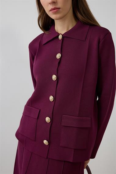 Marin Gold Düğmeli Triko Etekli Takım MÜRDÜM