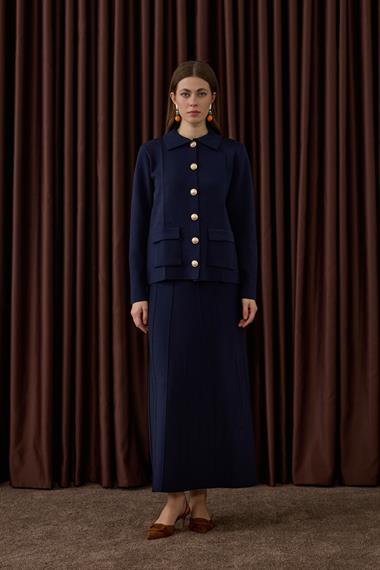 Marin Gold Düğmeli Triko Etekli Takım LACİVERT