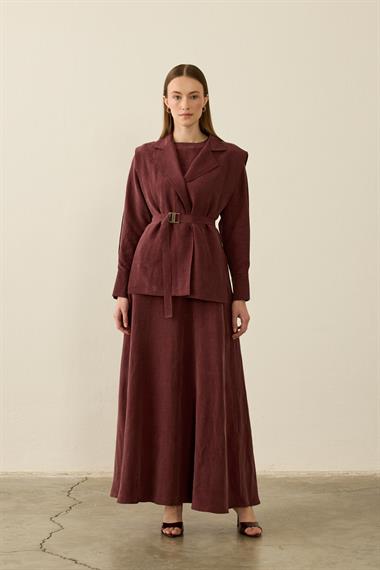 Mersi Yelekli Keten Lyocell İçlik Elbiseli Takım MÜRDÜM