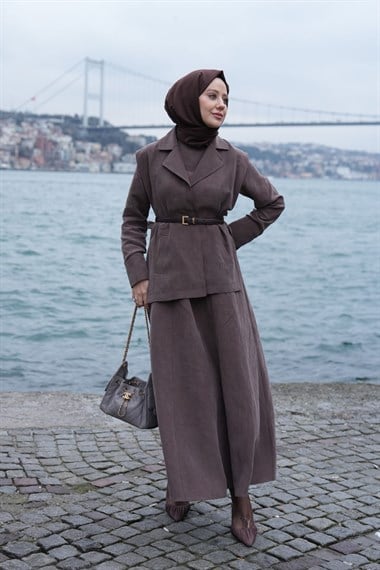 Mersi Yelekli Keten Lyocell İçlik Elbiseli Takım KAHVERENGİ