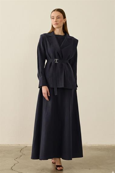 Mersi Yelekli Keten Lyocell İçlik Elbiseli Takım LACİVERT