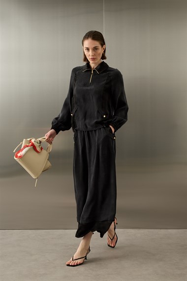 Mia Yakası Fermuarlı Floş Lyocell Etekli Takım SİYAH