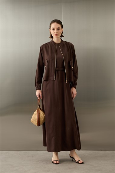 Mona Kolej Yaka Lyocell İçlik Elbiseli Takım KAHVERENGİ