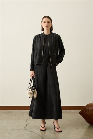 Mona Kolej Yaka Lyocell İçlik Elbiseli Takım SİYAH