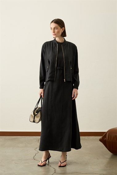 Mona Kolej Yaka Lyocell İçlik Elbiseli Takım SİYAH