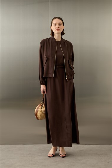 Mona Kolej Yaka Lyocell İçlik Elbiseli Takım KAHVERENGİ