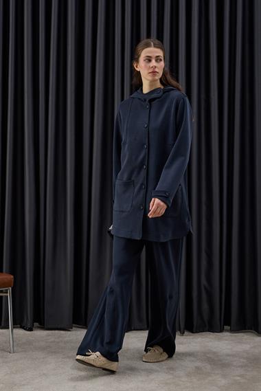 Monica Kaplama Düğmeli Eşofman Pantolonlu Takım LACİVERT