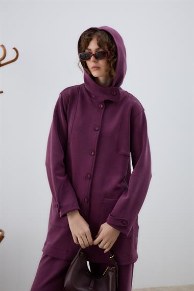 Monica Kaplama Düğmeli Eşofman Pantolonlu Takım MÜRDÜM