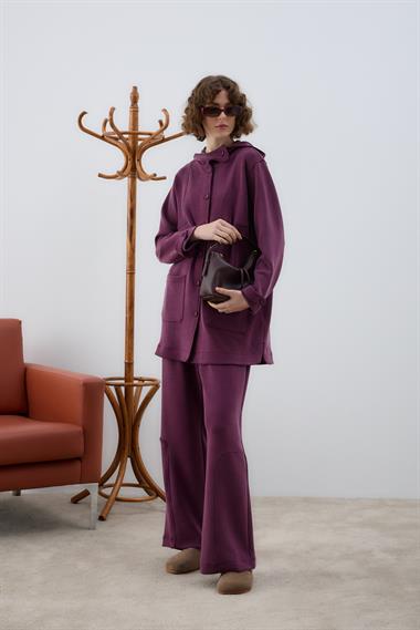 Monica Kaplama Düğmeli Eşofman Pantolonlu Takım MÜRDÜM