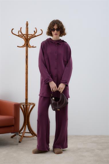 Monica Kaplama Düğmeli Eşofman Pantolonlu Takım MÜRDÜM