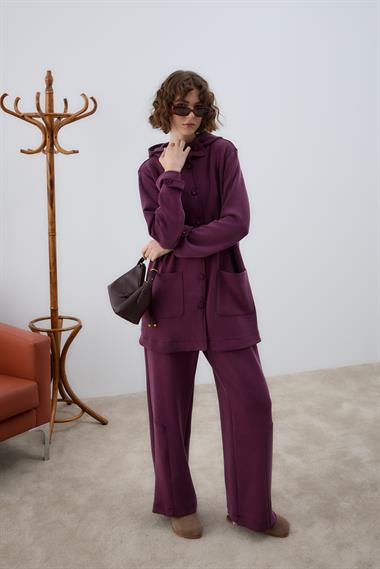 Monica Kaplama Düğmeli Eşofman Pantolonlu Takım MÜRDÜM