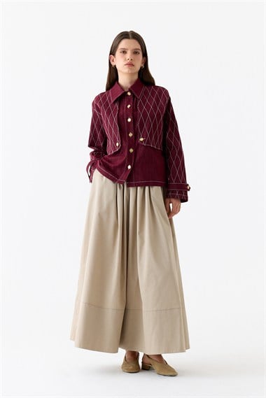 Mono Kapitone Dikişli Denim Ceket BORDO