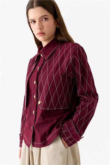 Mono Kapitone Dikişli Denim Ceket BORDO