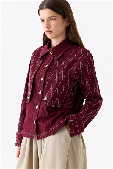 Mono Kapitone Dikişli Denim Ceket BORDO