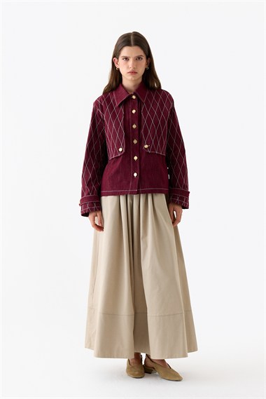 Mono Kapitone Dikişli Denim Ceket BORDO