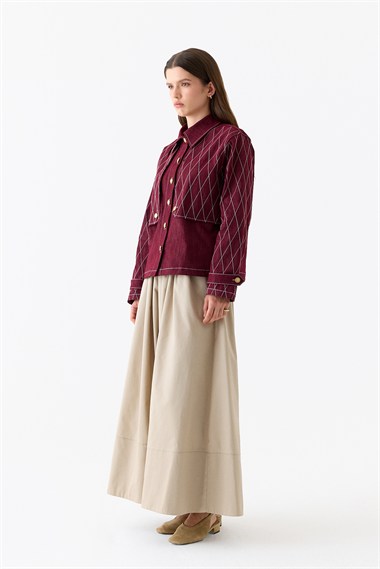 Mono Kapitone Dikişli Denim Ceket BORDO
