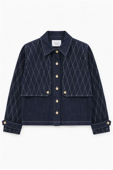 Mono Kapitone Dikişli Denim Ceket LACİVERT