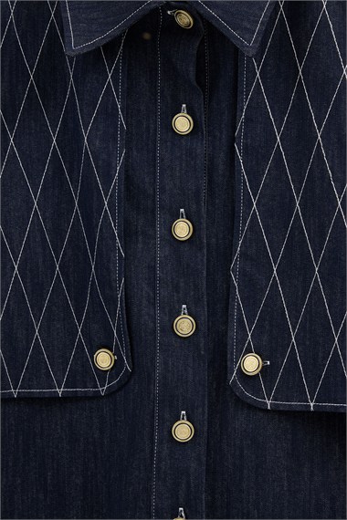 Mono Kapitone Dikişli Denim Ceket LACİVERT