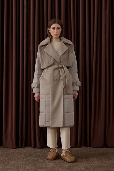 Monze Düğmeli Kürk Garnili Şişme Mont BEJ